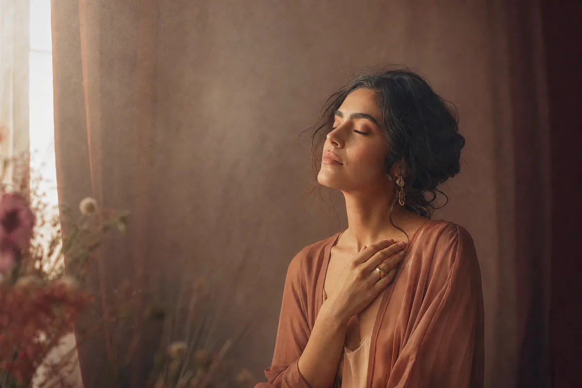 Retrato editorial de mujer serena en tonos calidos
